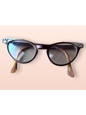 Vintage 1950s Art-Craft Aluminum Cat Eye Glasses – Frames with Floral Inlay